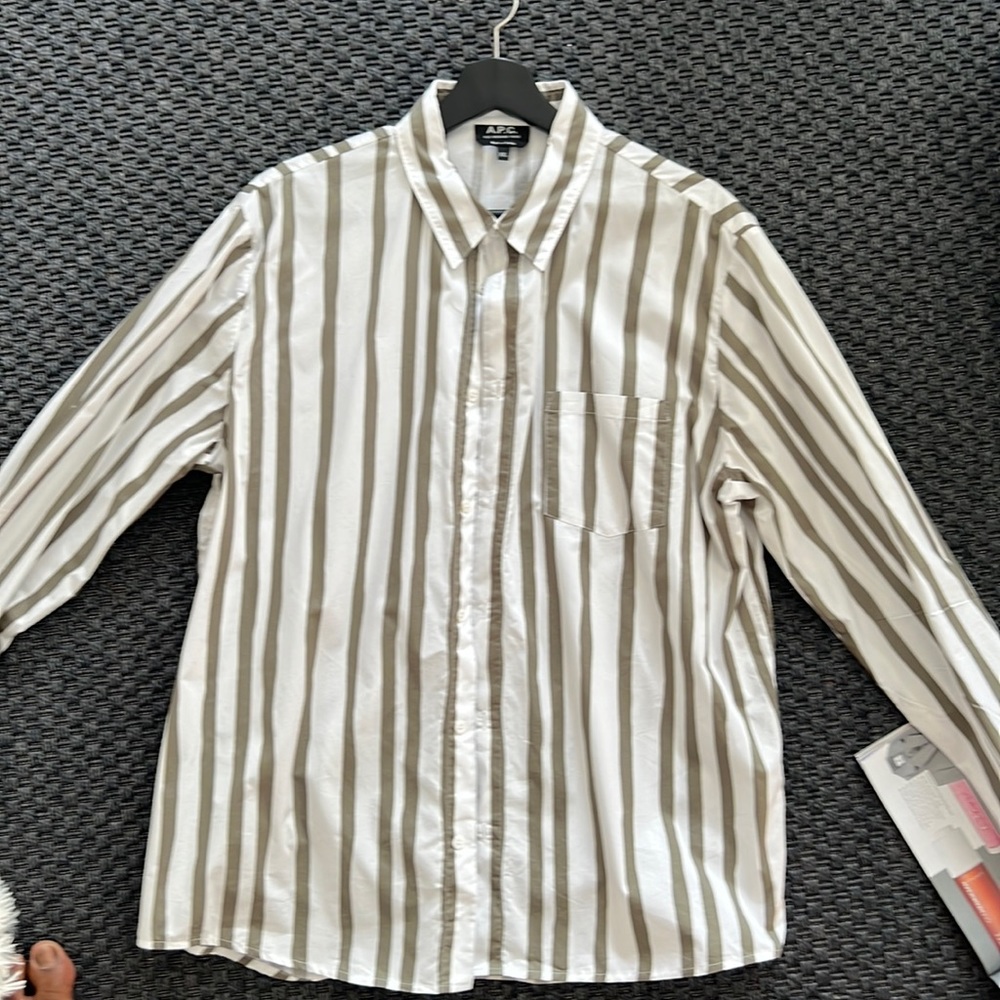 A.P.C. Men’s SS23 Button Down Shirt with Olive and White Vertical Stripe
